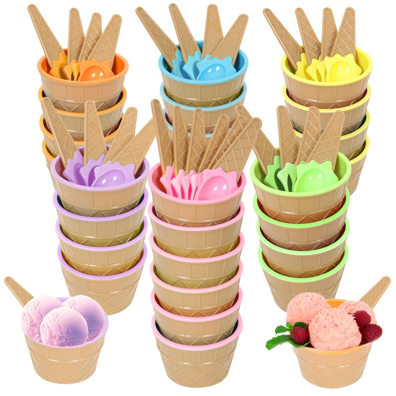 Hbaushun 26 Pack Plastic Ice Cream Bowls with Spoons,Reusable Plastic ice Cream Cups,Cartoon Candy Colorice Cream Bowls Set for Sundae Frozen Yogurt Summer Holiday Parties - Image 1